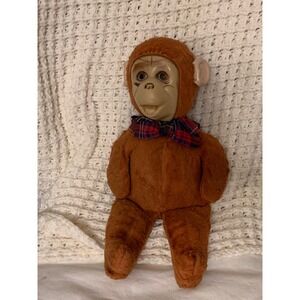 Vintage Monkey Plush Toy Plaid Bow Terracotta Orange Stuffed Animal Doll
